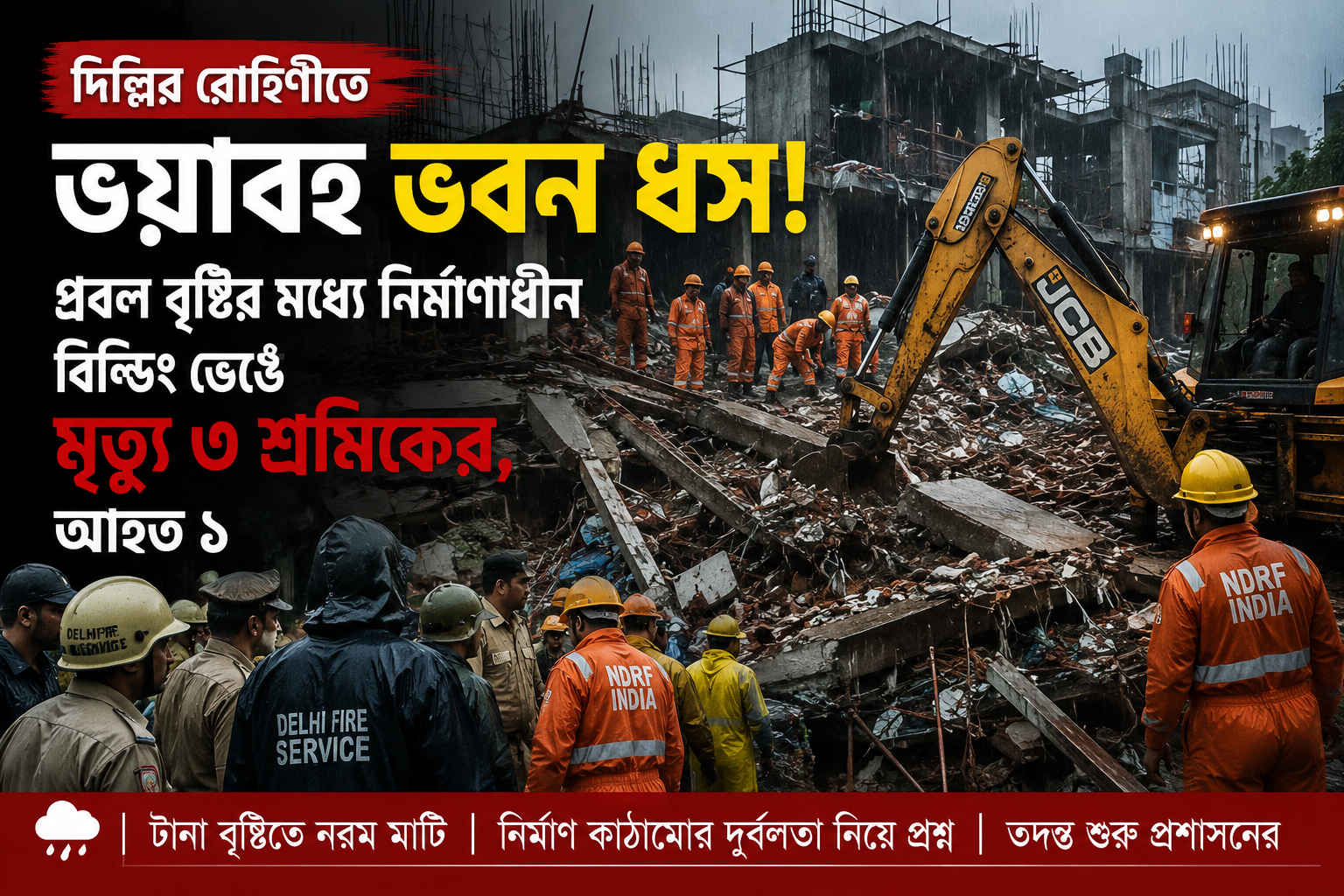 দিল্লিতে মর্মান্তিক দুর্ঘটনা! প্রবল বৃষ্টির মধ্যে ভেঙে পড়ল নির্মাণাধীন ভবন, প্রাণ গেল ৩ শ্রমিকের